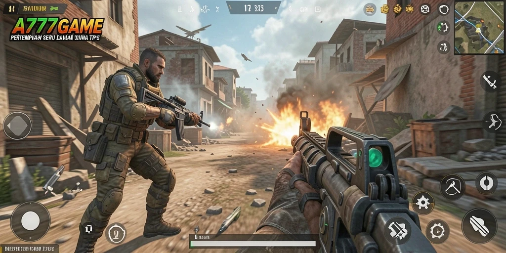 Screenshot gameplay A777GAME yang epik dalam pertempuran TPS.