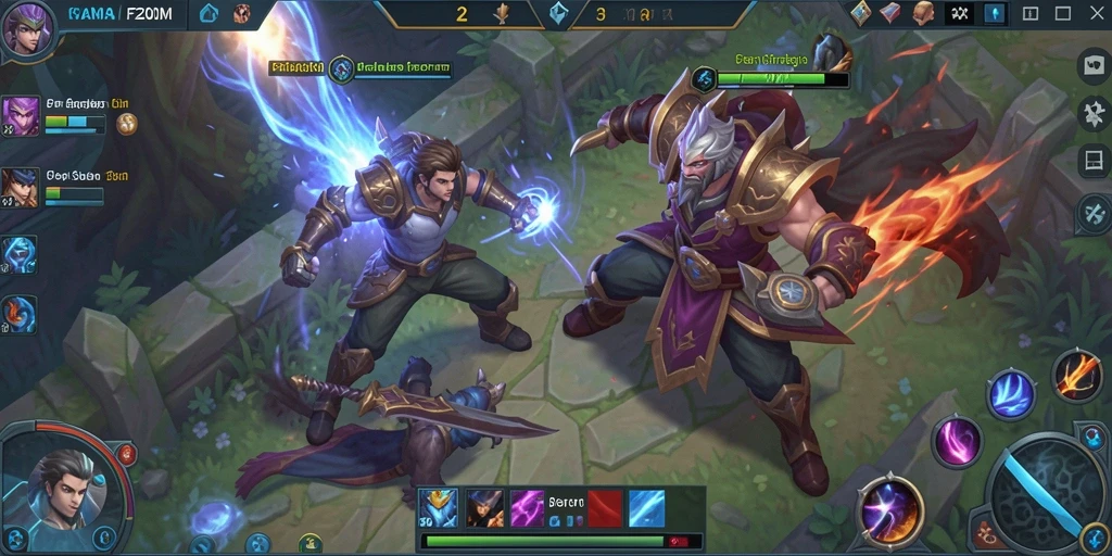 Tampilan gameplay seru dalam pertarungan MOBA di F200M.