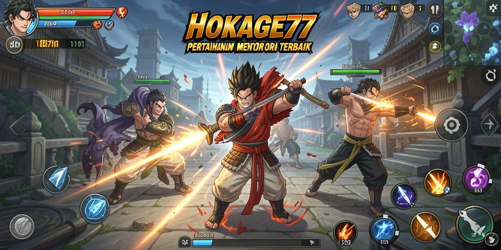 Gameplay strategis dalam HOKAGE77 menunjukkan menara bertahan melawan musuh.