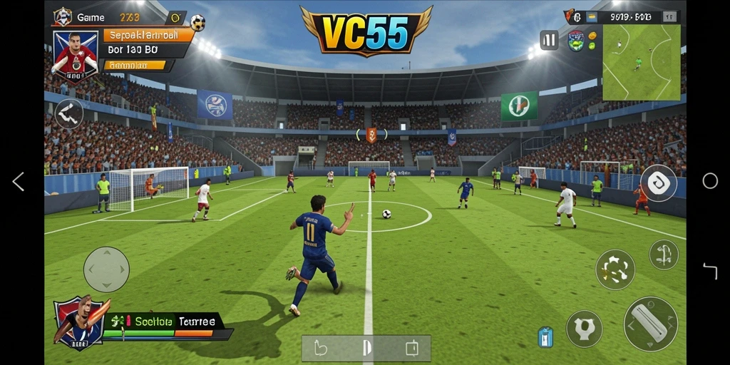 Screenshot gameplay menunjukkan aksi sepak bola yang mendebarkan.
